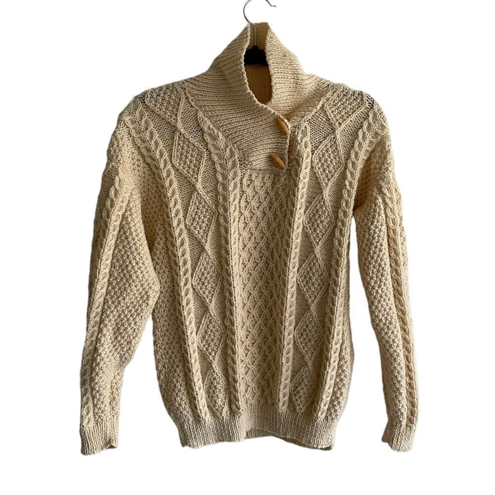 HAND KNIT Wool Chunky Knit Shawl Collar Long Sleeve Sweater Wood Buttons Cream M